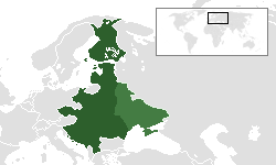Mapa przedstawia projektowany obszar Międzymorza. Kolor jasnozielony to tereny białoruskie i ukraińskie należące do ZSRS