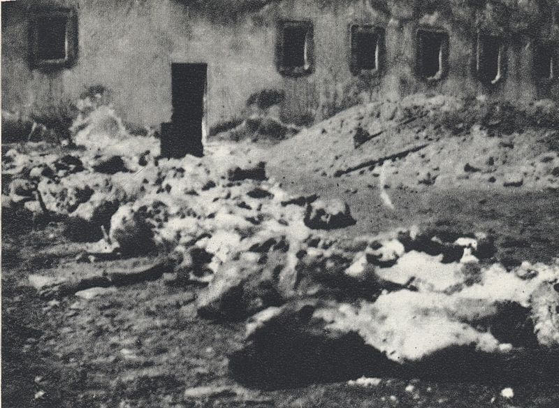 Szczątki ofiar niemieckiego terroru ekshumowane na dziedzińcu więzienia przy ul. Gęsiej (1946)