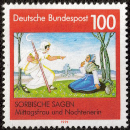 Niemiecki znaczek pocztowy z 1991 roku, na którym przedstawiono łużycką opowieść o południcy