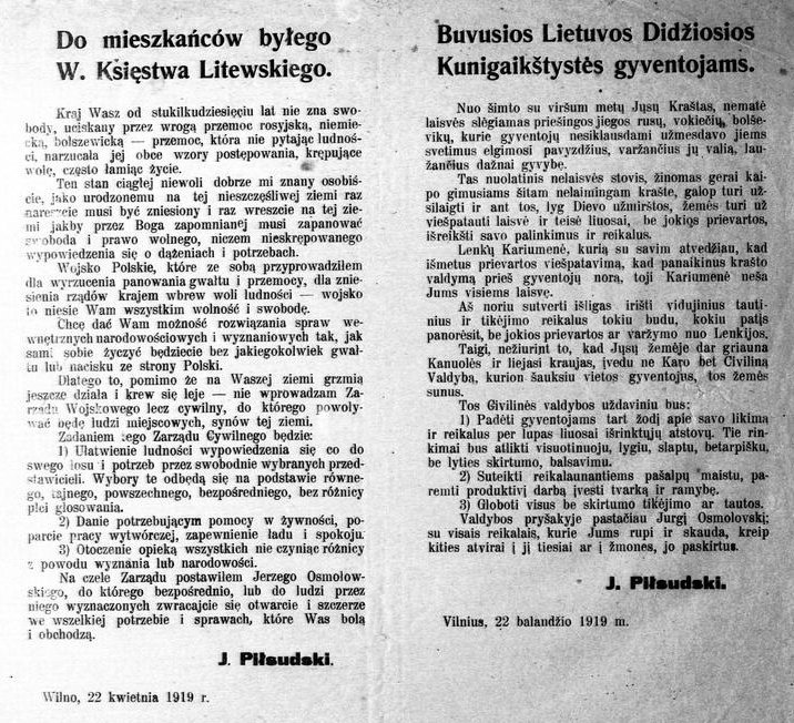 Dwujęzyczna odezwa Piłsudskiego Do mieszkańców byłego Wielkiego Księstwa Litewskiego (22 kwietnia 1919).