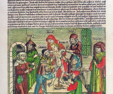 Rycina mająca przedstawiać historię Szymona z Trydentu, autorstwa Hartmanna Schedelsa (1493)