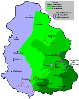 Zasięg powstań śląskich / źródło: Wikipedia