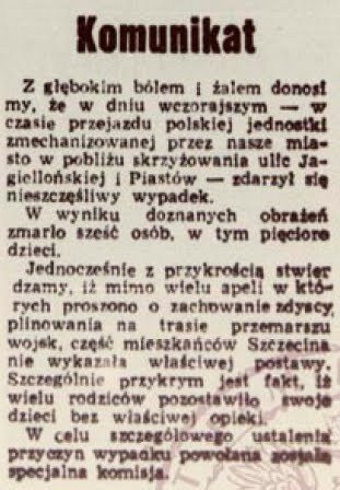 Wzmianka w Głosie Szczecińskim z 10 października 1962 r., będąca jedynym śladem wypadku na defiladzie w prasie.